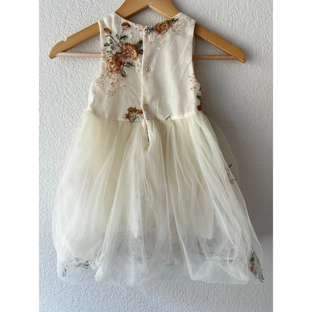 Girls Embroidered Tulle Dress 5T | Ivory Floral Mesh Party Flower Girl Dress